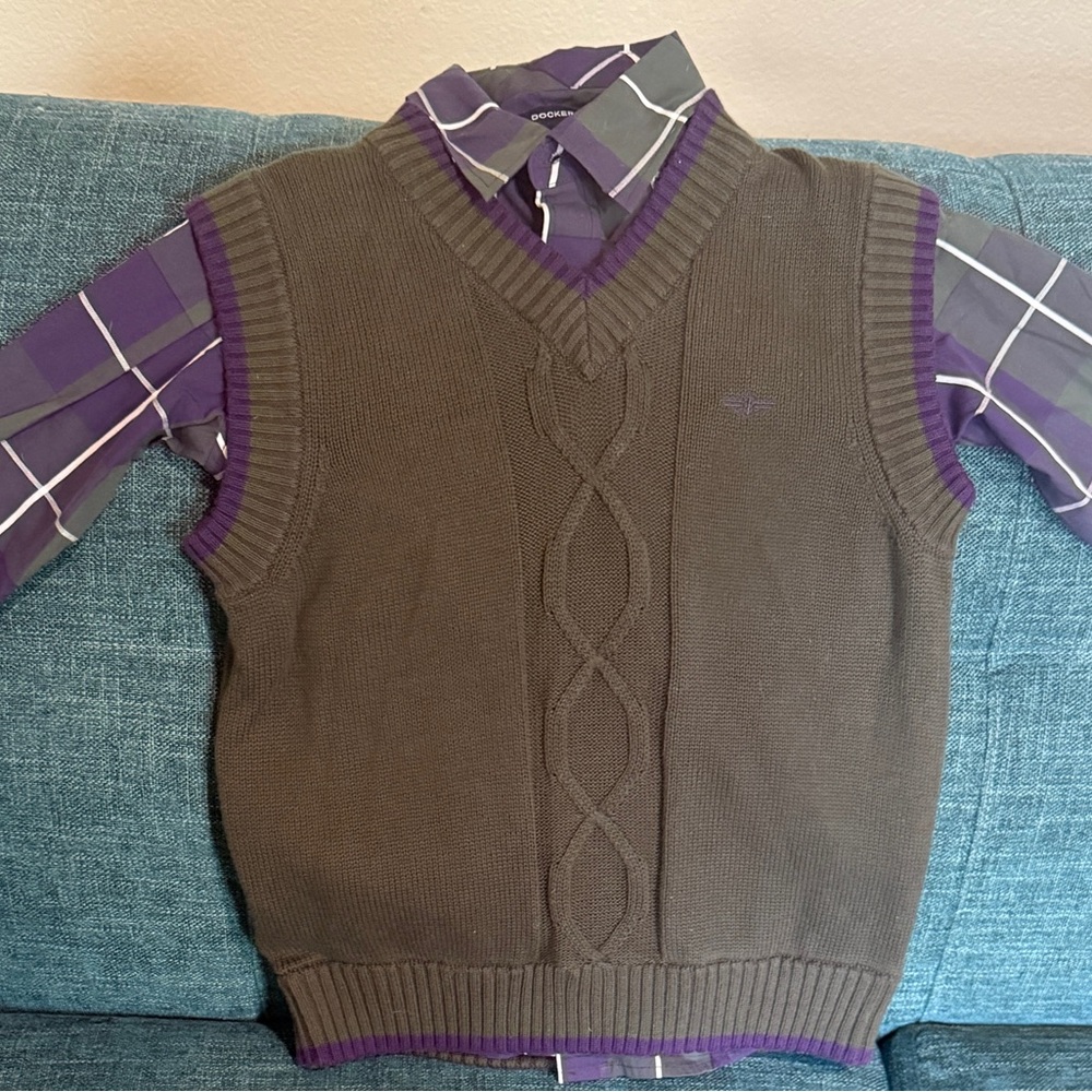 NWT Dockers V-Neck Sweater Vest with Long Sleeve Button Up Shirt- Kids Size S(8)